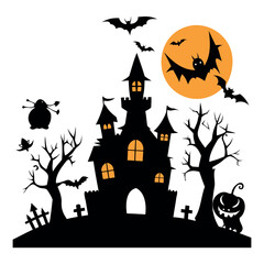 Halloween Vector Silhouette With Haunted House, pumpkin, and Bats Isolated on a white background