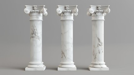 Obraz premium Three white marble columns with intricate details against a gray backdrop.