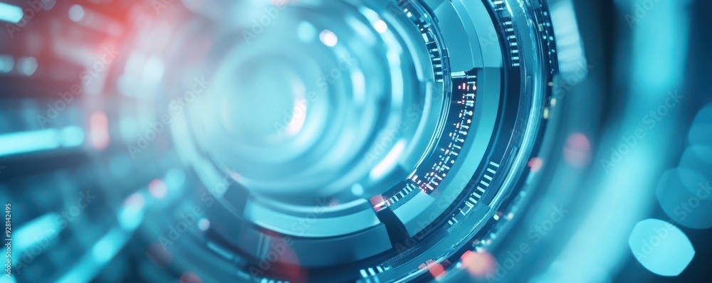 Poster abstract close-up of a futuristic digital interface with glowing elements and circular patterns, per