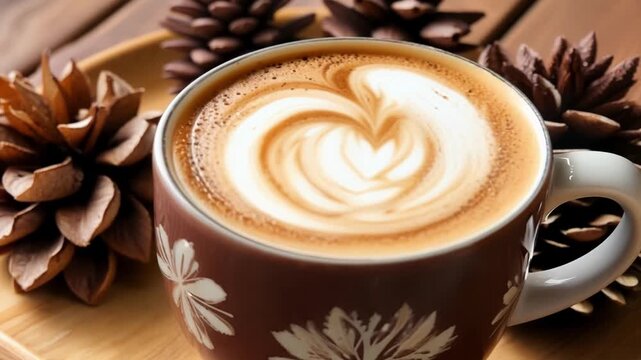 Sip on a steaming latte with latte art in a cozy autumn setting. Enjoy the warm aroma of coffee indoors
