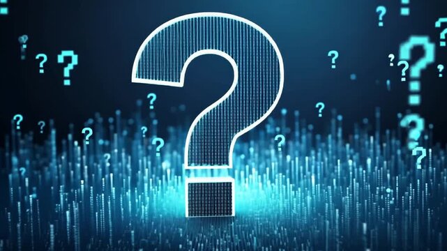 A digital question mark made of binary code, symbolizing inquiry and technology.
