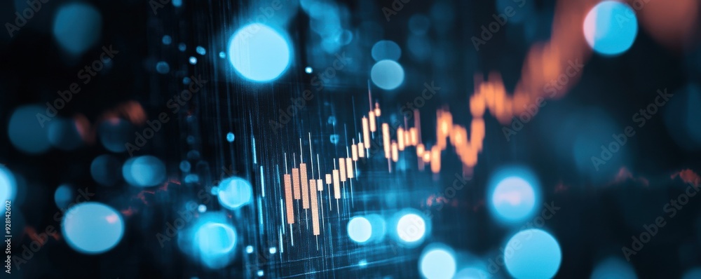 Poster abstract representation of data visualization with glowing lines and bokeh effects, ideal for financ