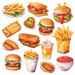 Watercolor illustration of a variety of fast food items including burgers, sandwiches, french fries, and a milkshake.