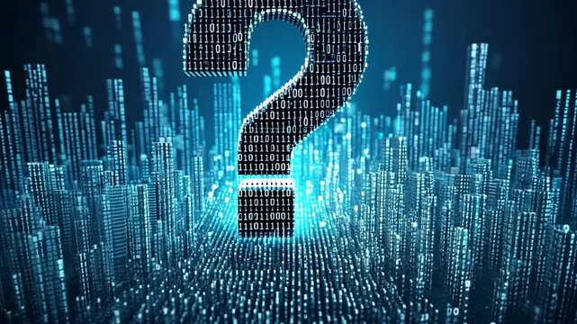 A glowing question mark made of binary code, symbolizing technology and inquiry.