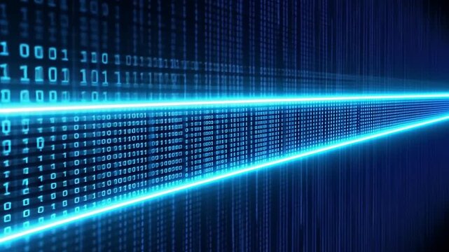 A digital representation of binary code flowing in a futuristic blue environment.