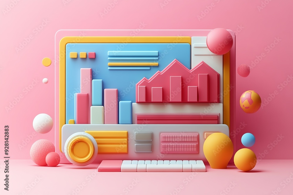 Fototapete Abstract 3D Illustration of a Computer with Colorful Graphics and Shapes.