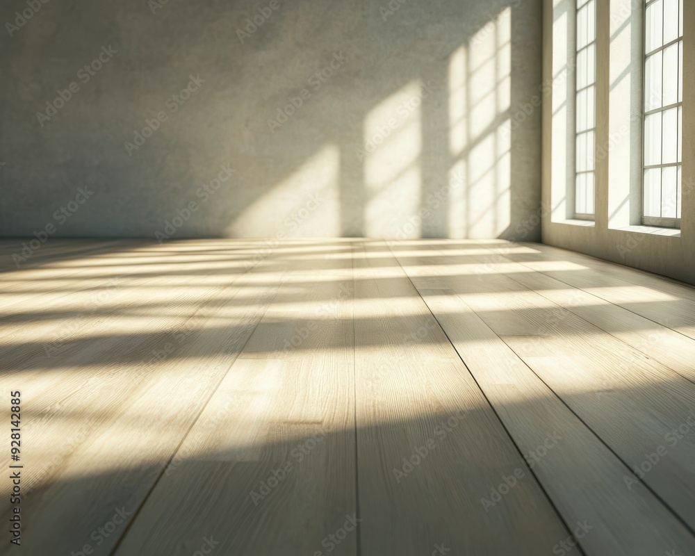 Poster bright and minimalist interior space with sunlight streaming through windows, creating a warm and in