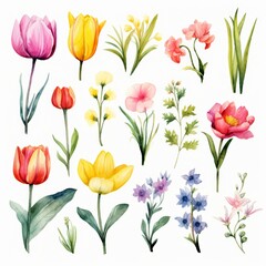 Watercolor illustration of a collection of various flowers and plants with white background.