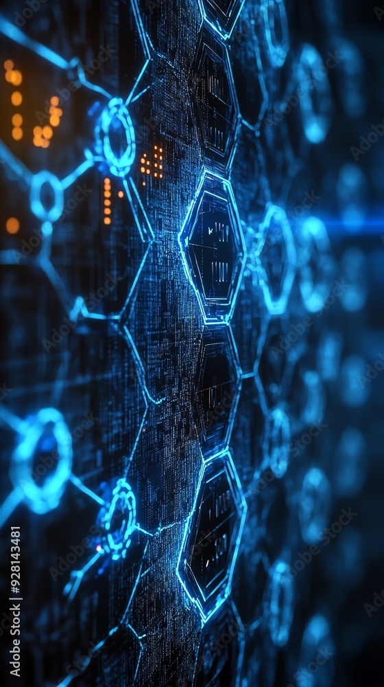Poster Abstract blue digital network connection with hexagons.