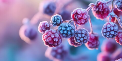 Close-up of frosted berries showcasing vibrant colors in a winter setting. Perfect for seasonal themes and nature photography.
