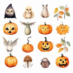 Watercolor Halloween illustration with pumpkins, owls, and bats.