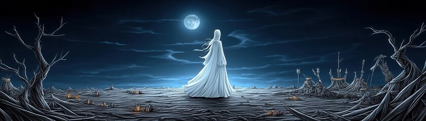 A ghostly figure in a white dress