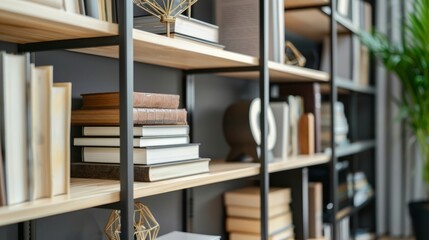 Fototapeta premium Modern Bookshelf with Stacked Books and Decorations.