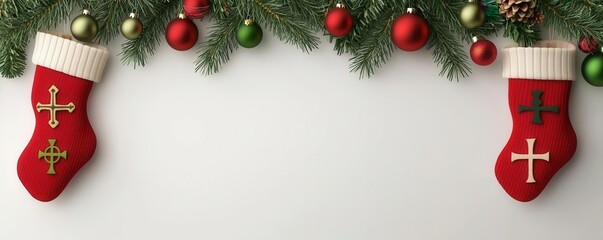 Christmas stockings with religious symbols, traditional decoration, 3D illustration