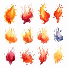 Watercolor Fire Flames in Multiple Colors on White Background.