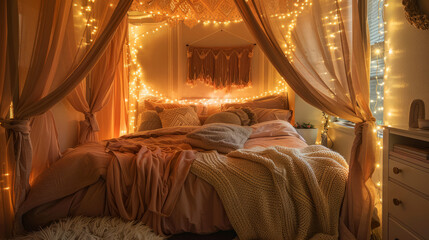 Cozy Bedroom Decor with Fairy Lights and Canopy.