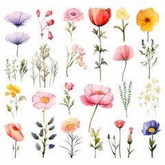 Fototapeta premium Watercolor Collection of Colorful Flowers and Floral Elements.