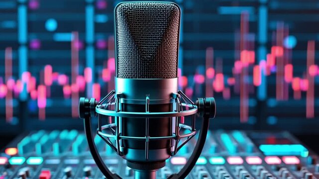 A close-up of a microphone with sound waves in the background, symbolizing audio recording.