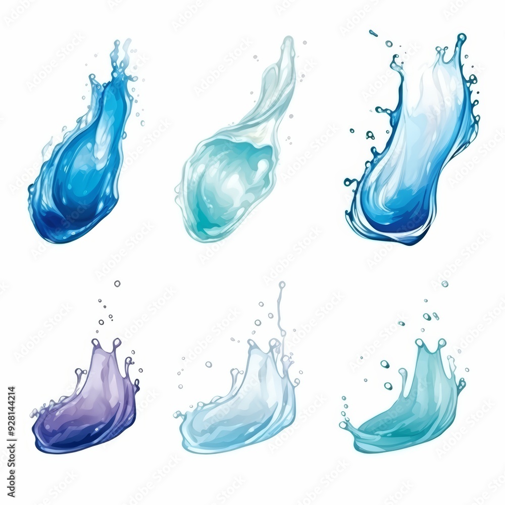 Wall mural Six vibrant, blue, turquoise and purple water splashes isolated on a white background.