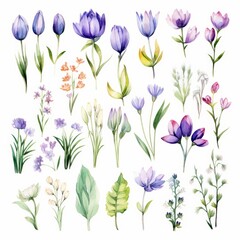 Set of Watercolor Hand-Drawn Flowers and Leaves.