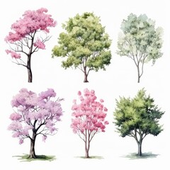 Set of six watercolor-style trees, isolated on white background. They include a pink flowering tree, a green leafy tree, a blue-green leafy tree, and more.