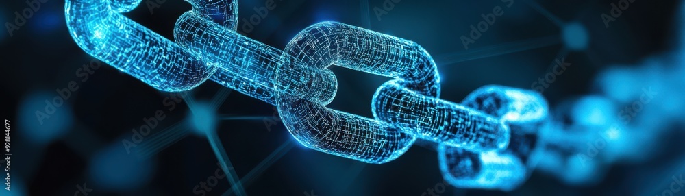 Poster futuristic digital blue chain link representing connections in technology and blockchain innovation.