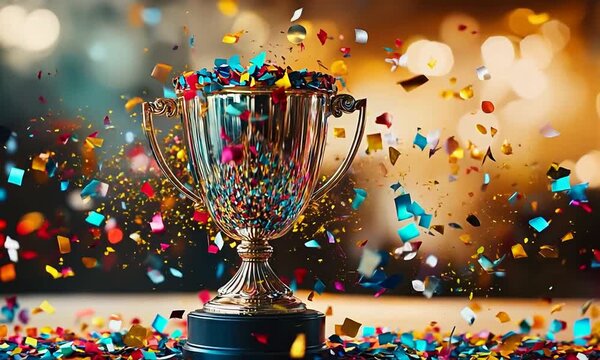 A gold trophy sits on a table with confetti scattered around it.