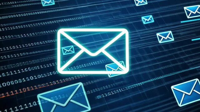 Digital representation of email communication with glowing envelopes and data streams.