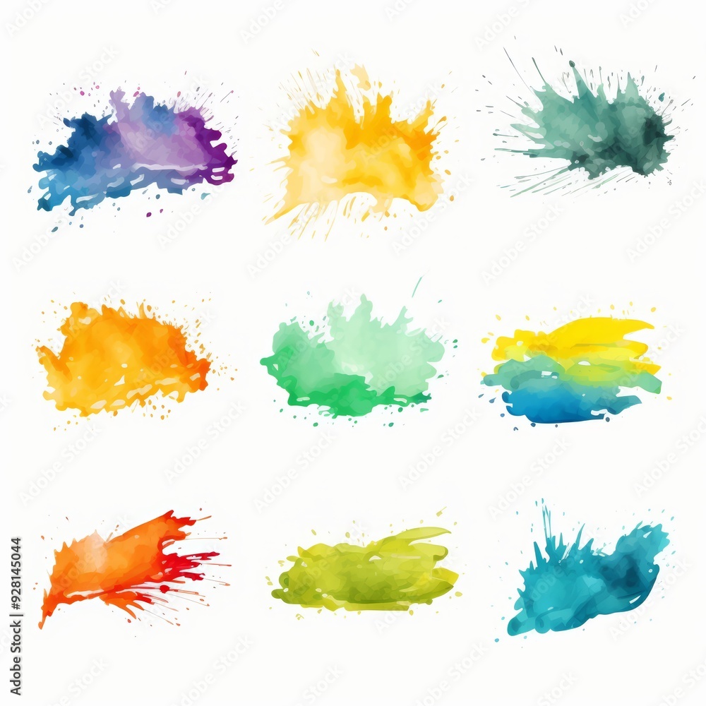 Wall mural nine watercolor splashes in different colors isolated on white background.