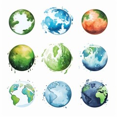 Nine watercolor planets with different textures and colors.