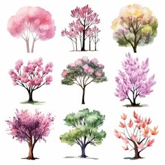 Obraz premium Nine watercolor illustrations of trees with pink, green, and yellow leaves.