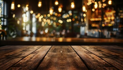 Wooden Tabletop Against a Blurry Background of a Bar with Hanging Lights