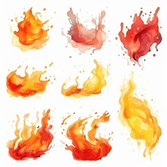 Nine watercolor illustrations of liquid splashes in red, orange, and yellow colors.