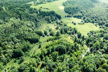 summer green landscape with small forest river in bright sunny day. aerial photography with drone.