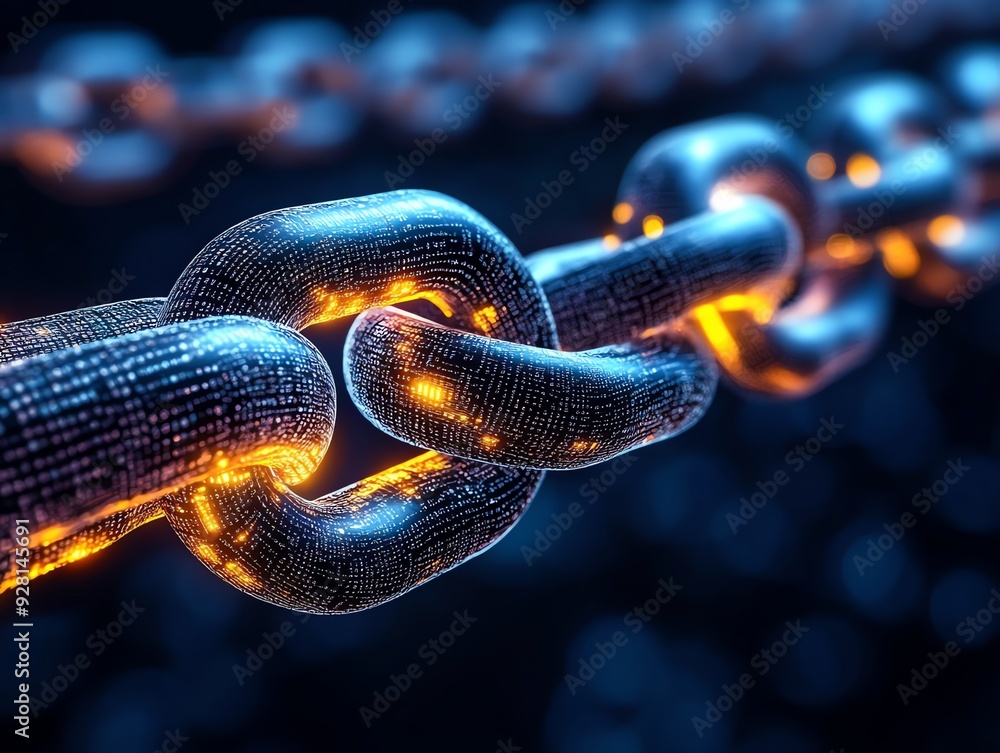 Poster Abstract digital chain with glowing code.