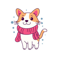 Cute Puppy Dog Cartoon Animal Wearing Scarf Under Snow with Happy Expression