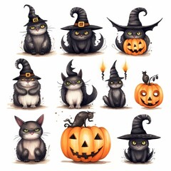 Nine adorable black cats dressed in witch hats, holding pumpkins and bats, perfect for Halloween.