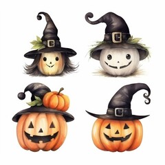 Four watercolor illustrations of pumpkins with witch hats and carved faces for Halloween.