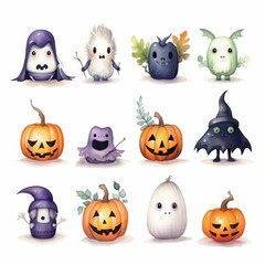 Fototapeta premium Cute watercolor Halloween character set including pumpkins, ghosts, monsters and bats.