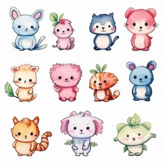 Fototapeta premium Cute watercolor animal characters with adorable expressions, perfect for children's books, illustrations, or designs.