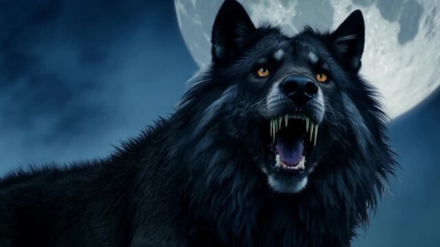 Black wolf with glowing orange eyes howling at the full moon, creating a spooky and mysterious atmosphere for halloween