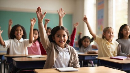 Multicultural Children Eagerly Raising Hands to Answer