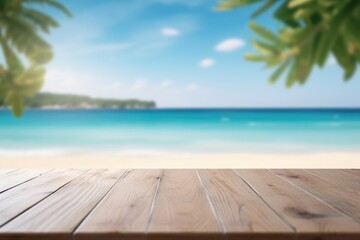 Fototapeta premium Wooden Tabletop with Blur Sandy Beach and Ocean View, Product Display, Summer Vibe with Palm Trees Under Clear Blue Sky