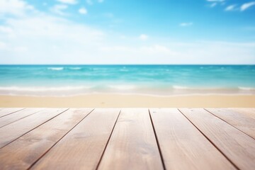 Wooden Tabletop with Blur Sandy Beach and Ocean View, Product Display, Summer Vibe with Palm Trees Under Clear Blue Sky