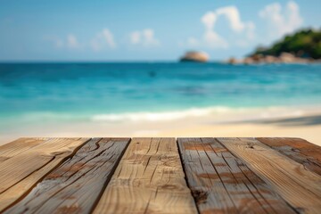 Fototapeta premium Wooden Tabletop with Blur Sandy Beach and Ocean View, Product Display, Summer Vibe with Palm Trees Under Clear Blue Sky