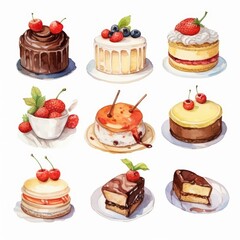 Assortment of Cakes with Berries and Chocolate Glaze.