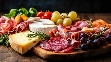 Sliced gourmet meat, cheese, vegetables and fruits on wooden board