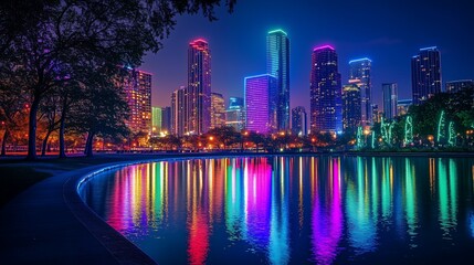 Fototapeta premium Cityscape at night with colorful reflections of skyscrapers in the water.