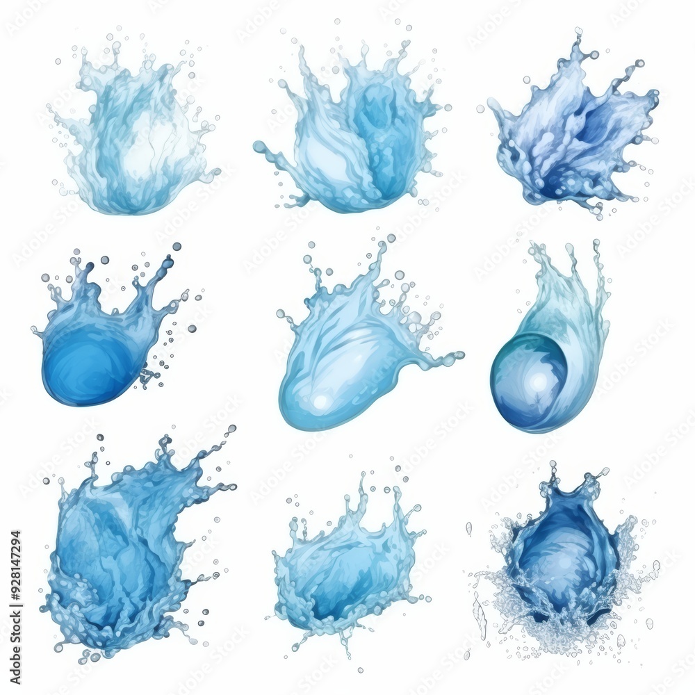 Poster a set of nine different blue water splashes with different shapes and sizes isolated on a white back