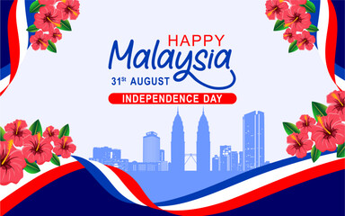 Malaysia Independence day 1957, Happy Independence day 2024, 31st August, 31 August, National Day, Independence Day, with flags, ribbons and hibiscus flowers vector illustration © Ocha Designs